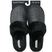 Wholesale - S-XL WOMEN BLK GLITTER HOUNDSTOOTH SLIPPER W/FAUX FUR COLLAR ELLEN TRACY C/P 18